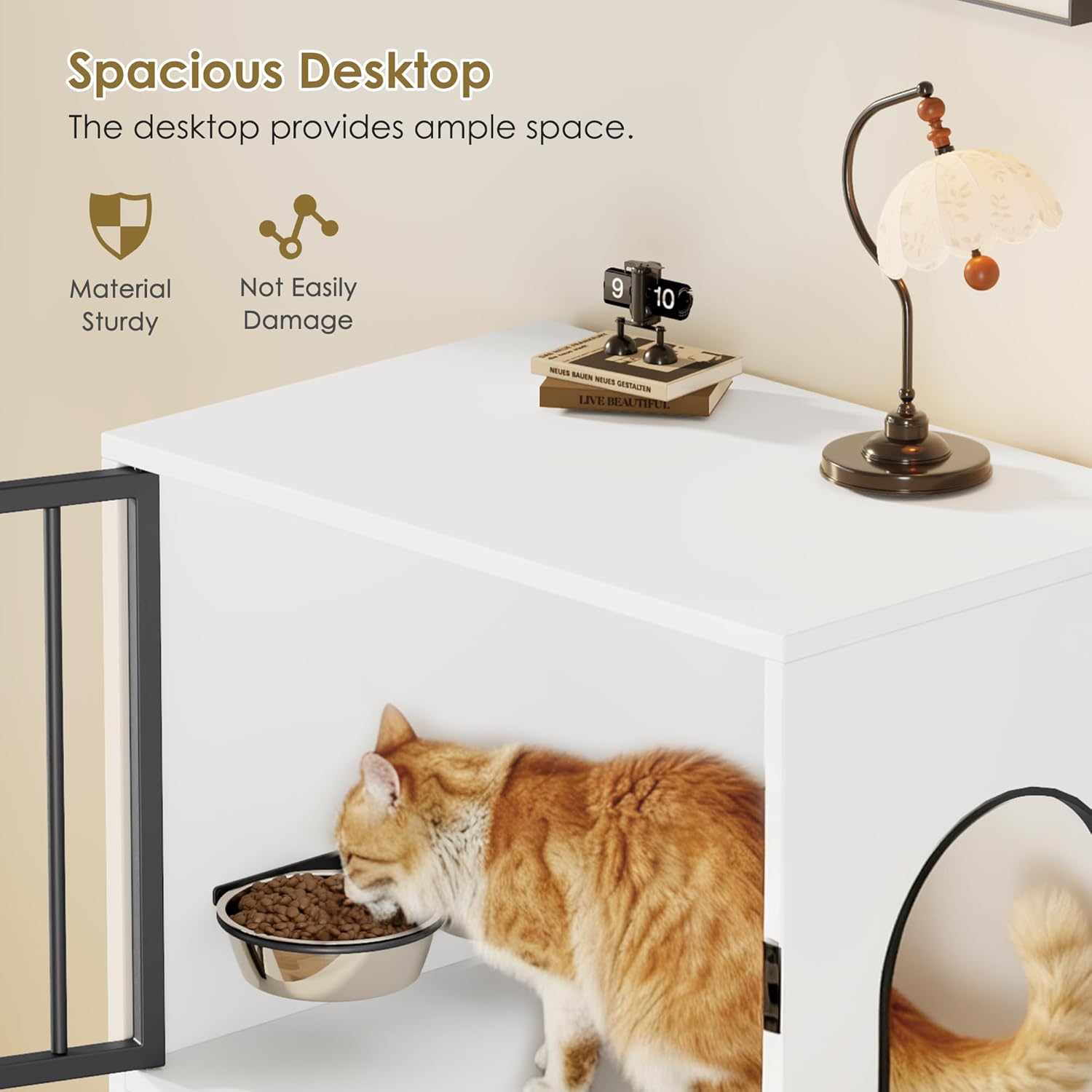 Cat Feeding Station, Dog Proof Cat Feeding Station with Scratching Post, Elevated Food Bowls with Stand, Cats Tree with Food Storage for Small Spaces, Pet House Furniture (White)