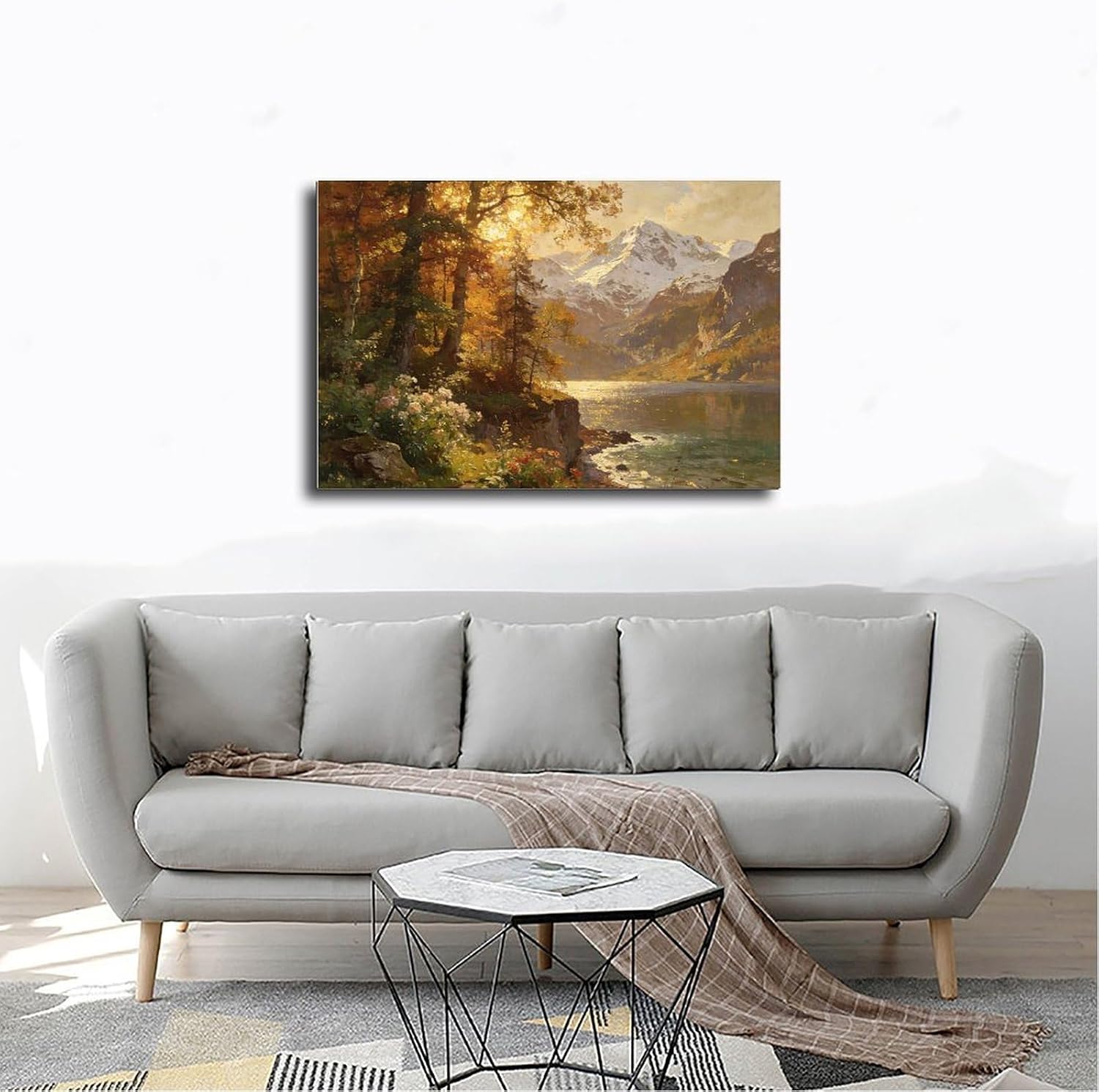 Autumn Mountain Lake Wall Art Print, Golden Forest And Snowy Peaks Landscape Painting, Scenic Nature Poster for Living Room Bedroom Decor 24x36inch(60x90cm)
