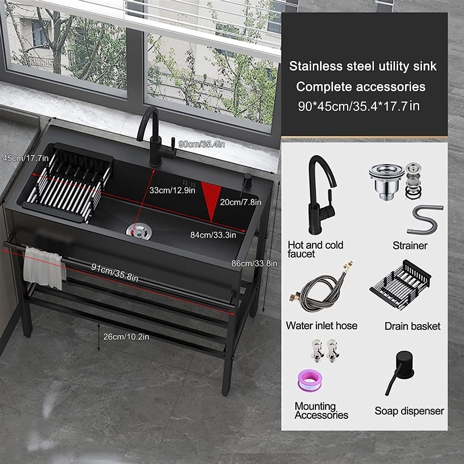 Commercial Stainless Steel Outdoor Sink,Utility Single Bowl Sinks Kitchen Sink, Heavy Duty Wash Station w/Faucet and Shelves for Garage,Restaurant,Kitchen,L(90 * 45 * 86cm/35.4 * 17.7 * 33.8in