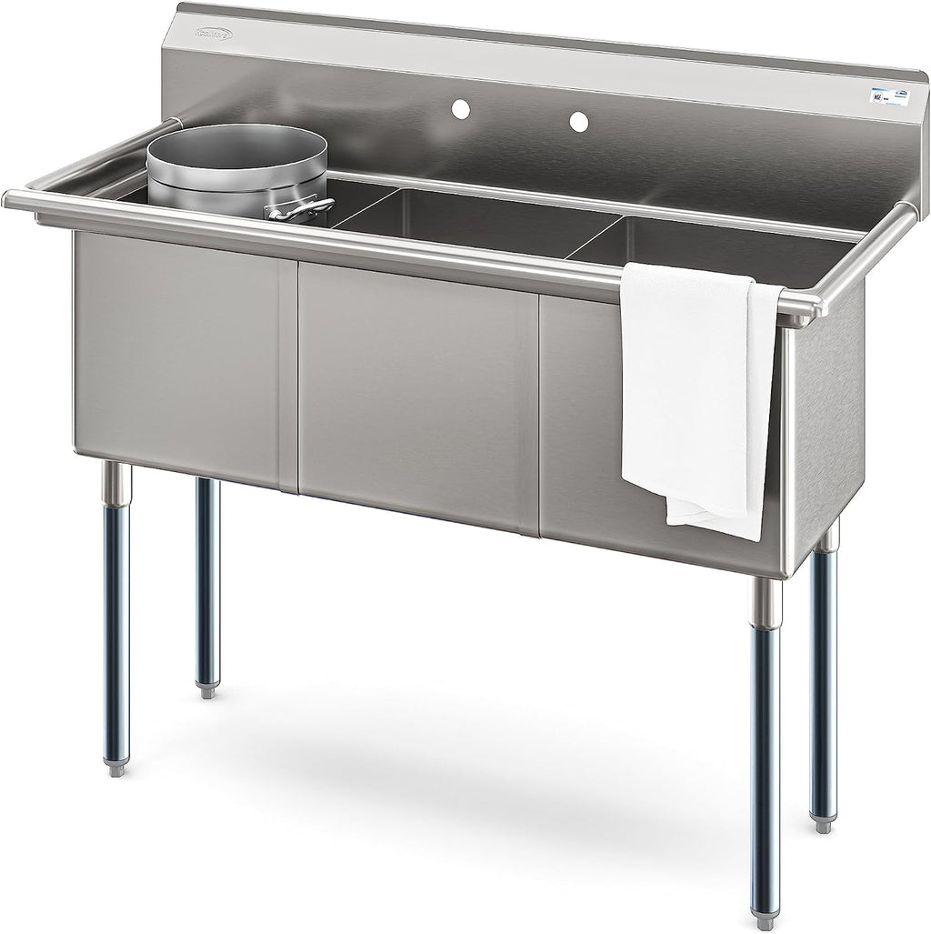 KoolMore 51 in. Three Compartment 18-Gauge Stainless-Steel NSF Commercial Kitchen Sink, Bowl Size 15x15x14, with Three Basins and Pre-Drilled Faucet Holes for Restaurants and Cafes (KM-SC151514-N3)