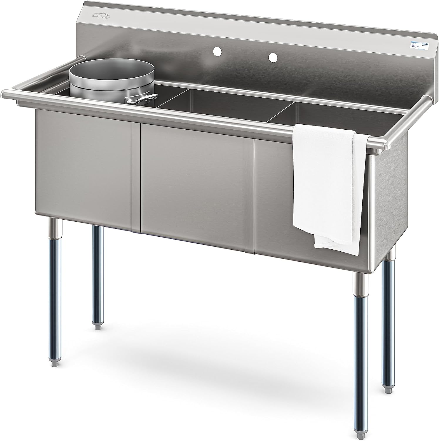 KoolMore 51 in. Three Compartment 18-Gauge Stainless-Steel NSF Commercial Kitchen Sink, Bowl Size 15x15x14, with Three Basins and Pre-Drilled Faucet Holes for Restaurants and Cafes (KM-SC151514-N3)