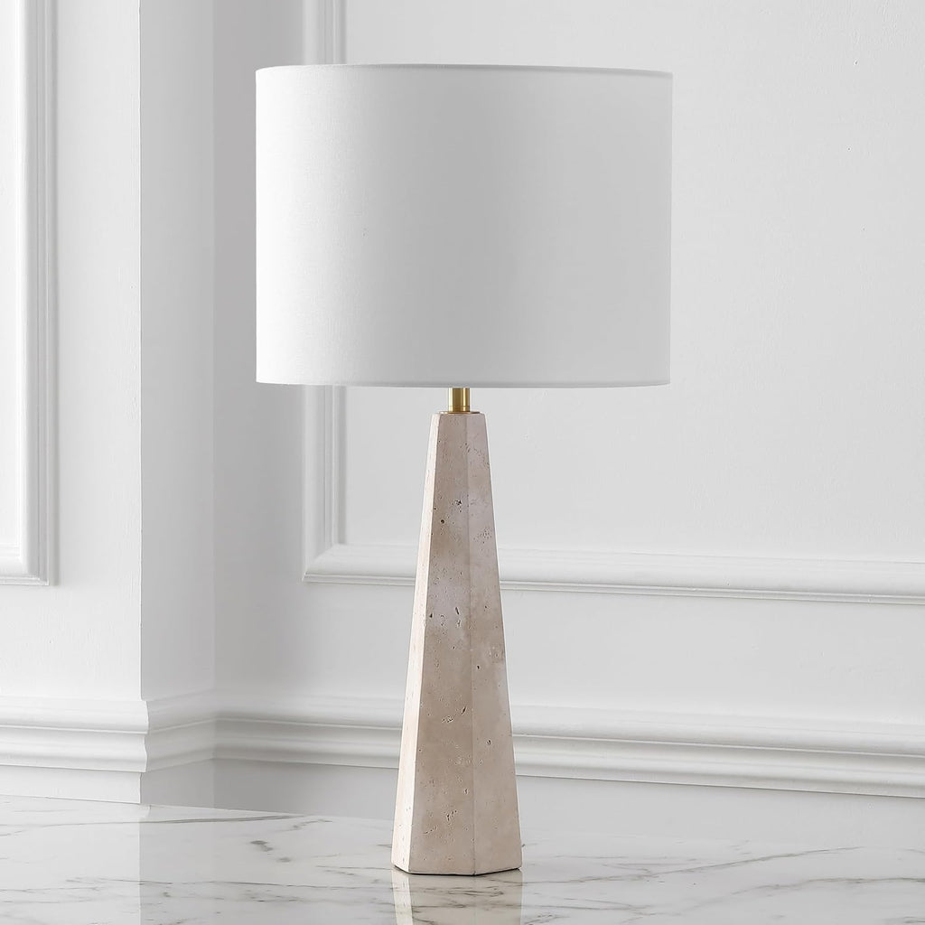 SAFAVIEH Couture Lighting Collection Gabryanna Travertine/White 26-inch Dimmable Table Lamp for Bedroom Living Room Home Office Desk Nightstand (LED Bulb Included)