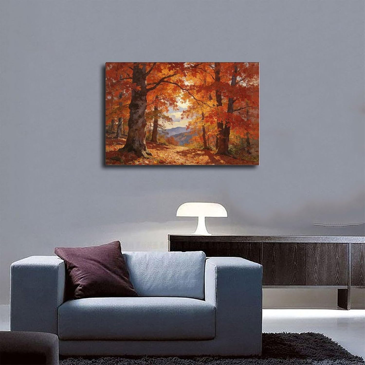 Autumn Forest Wall Art Print, Vibrant Red Maple Tree Landscape Painting, Fall Foliage Poster for Living Room Bedroom Decor 24x36inch(60x90cm)