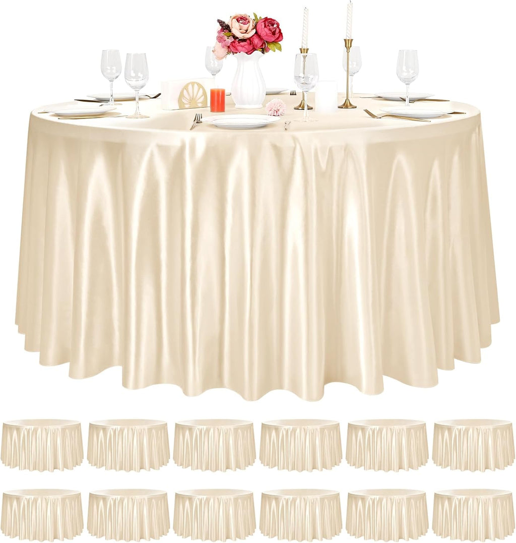 12 Pack Champagne Round Tablecloth, 120 Inch Satin Fabric Table Cloth for Round Table, Wrinkle Resistant Washable Table Cover Bright Silk Table Clothes for Wedding Party Dining Table Banquet