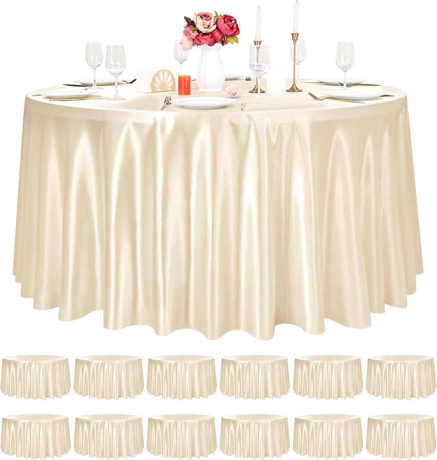 12 Pack Champagne Round Tablecloth, 120 Inch Satin Fabric Table Cloth for Round Table, Wrinkle Resistant Washable Table Cover Bright Silk Table Clothes for Wedding Party Dining Table Banquet