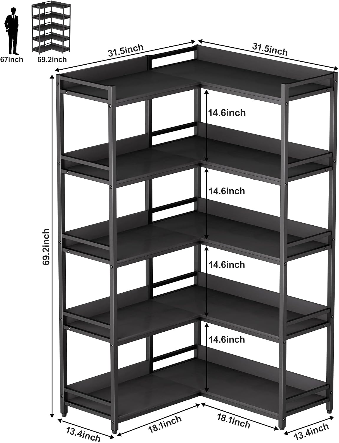 Large 5-Tier Corner Bookshelf - Modern Tall Corner Shelf Storage Display Rack with Sturdy Metal Frame - Perfect for Living Room, Home Office, Books and Decor Display