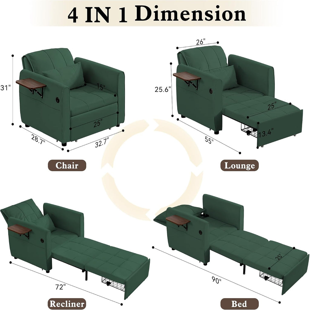 Suvivityse 90' Convertible Sleeper Chair Bed, 4 in 1 Pull Out Single Sofa Bed, Adjustable Backrest Recliner with USB Port, Storage Basket, Folding Side Table, for Living Room Apartment Small Place