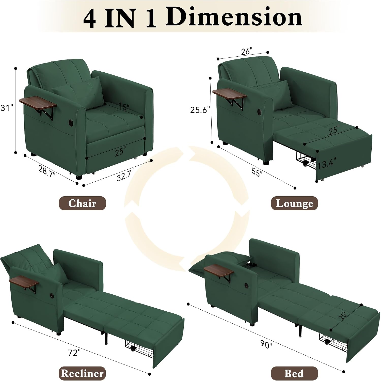 Suvivityse 90' Convertible Sleeper Chair Bed, 4 in 1 Pull Out Single Sofa Bed, Adjustable Backrest Recliner with USB Port, Storage Basket, Folding Side Table, for Living Room Apartment Small Place