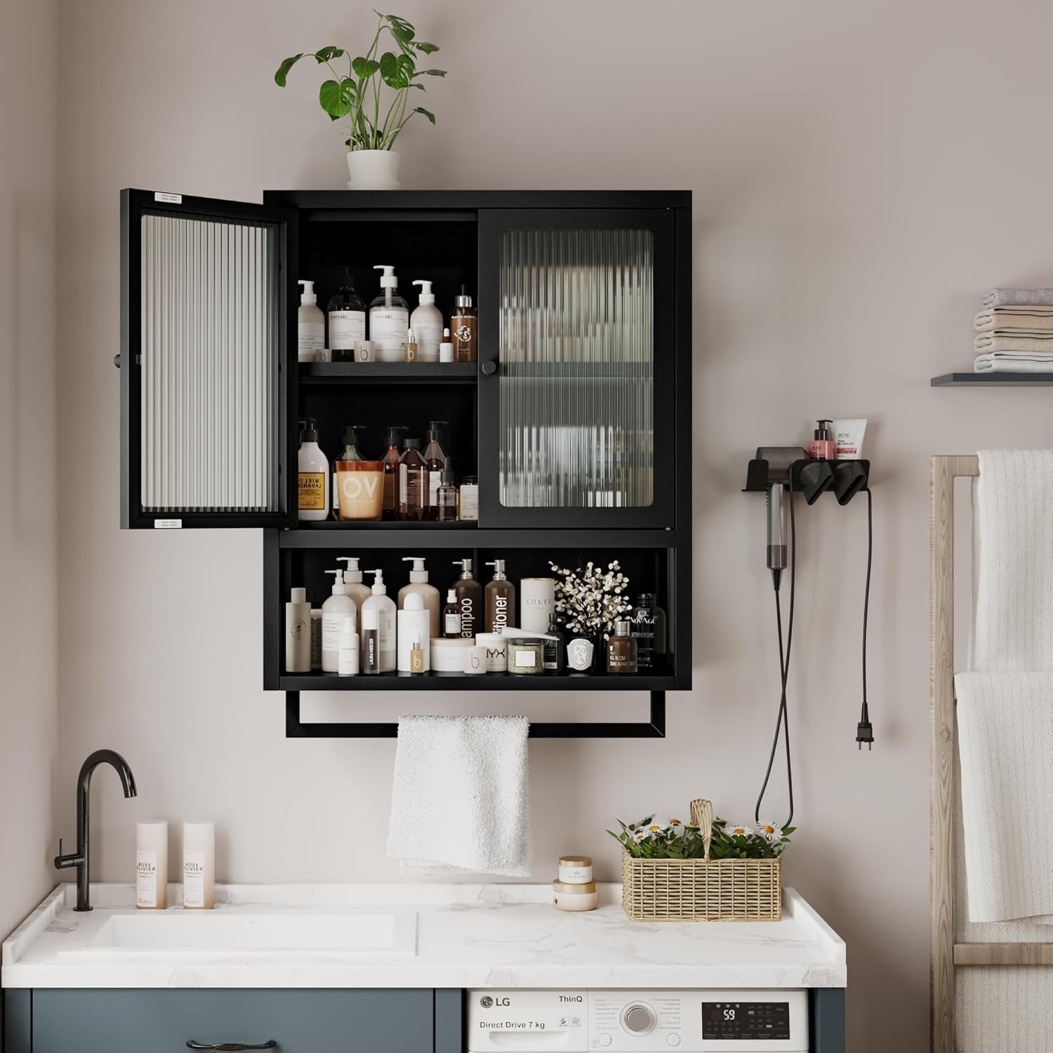 Bathroom Wall Cabinet, Over The Toilet Space Saver Storage Cabinet, Medicine Cabinet with 2 Glass Door and Towel Bar, Metal Wall Mounted Cabinet for Bathroom Laundry Room Kitchen
