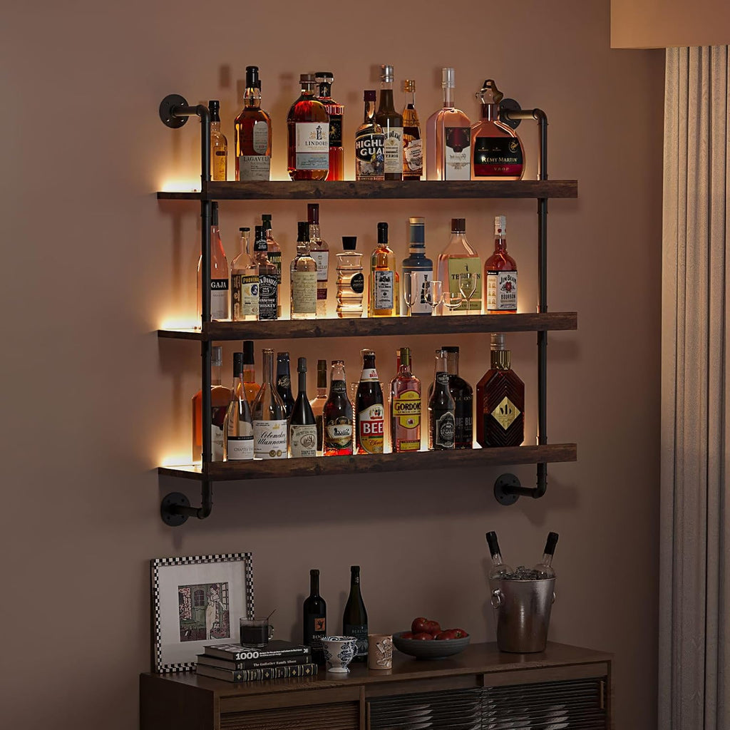 3-Tier Wall Mounted Wine Rack with LED,Liquor Bottles Floating Shelves Display Storage Organizer for Home Bar Dining Room Kitchen (40' W x 47.2' H)