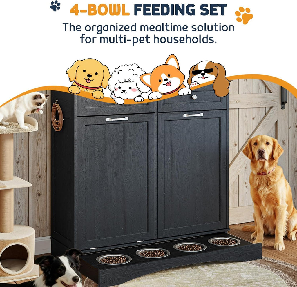 Double Door Dog Feeding Station with Storage, 10 Gallons Tilt Out Trash Can Cabinet, Dog Food Cabinet with 4 pcs Dog Bowl for Kitchen/Living Room (Black, Double Door)