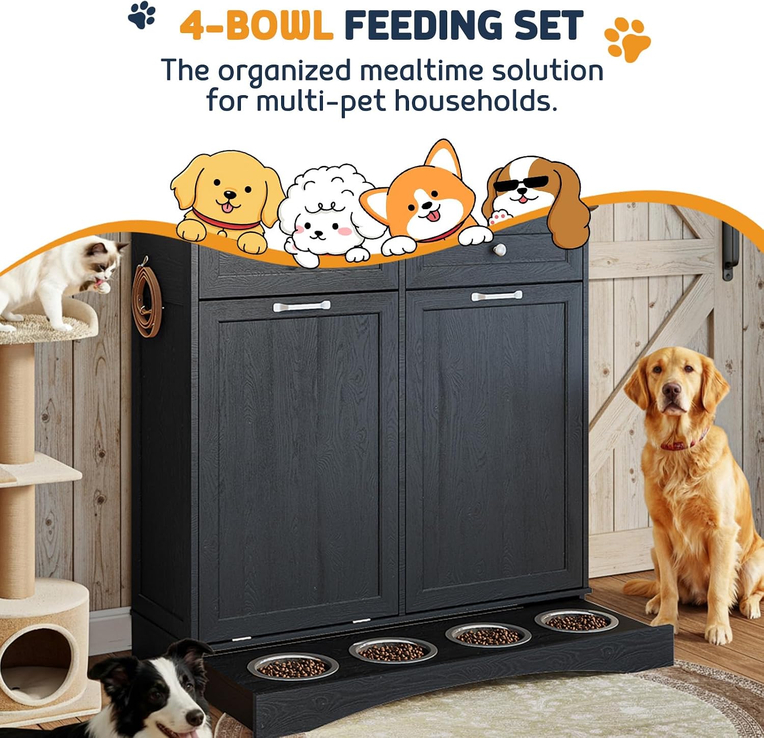 Double Door Dog Feeding Station with Storage, 10 Gallons Tilt Out Trash Can Cabinet, Dog Food Cabinet with 4 pcs Dog Bowl for Kitchen/Living Room (Black, Double Door)