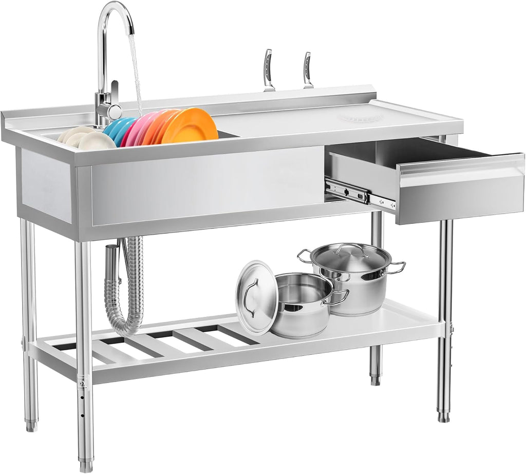 304 Stainless Steel Utility Sink – Free Standing Single Bowl with Workbench, Storage Drawer & Faucet, Hot and Cold Water Pipes for Laundry Room, Farmhouse, Outdoor Use (47')