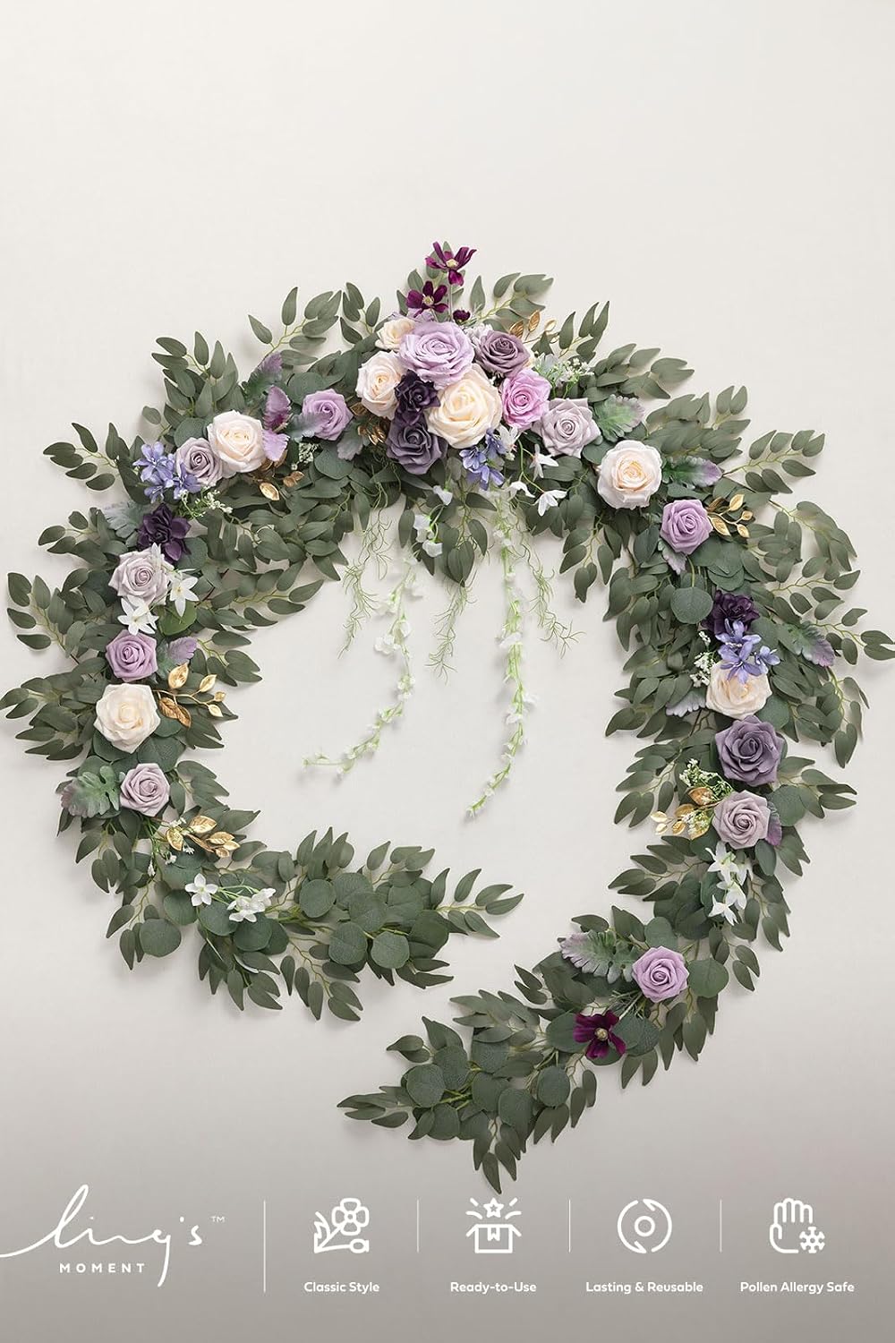 Ling's moment 9FT Flower Garland for Backdrop Decorations - Wedding Arch Flowers, Eucalyptus & Rose, Artificial Floral Garland for Mantel - Sweetheart Table Decor for Ceremony Reception, Lilac & Gold
