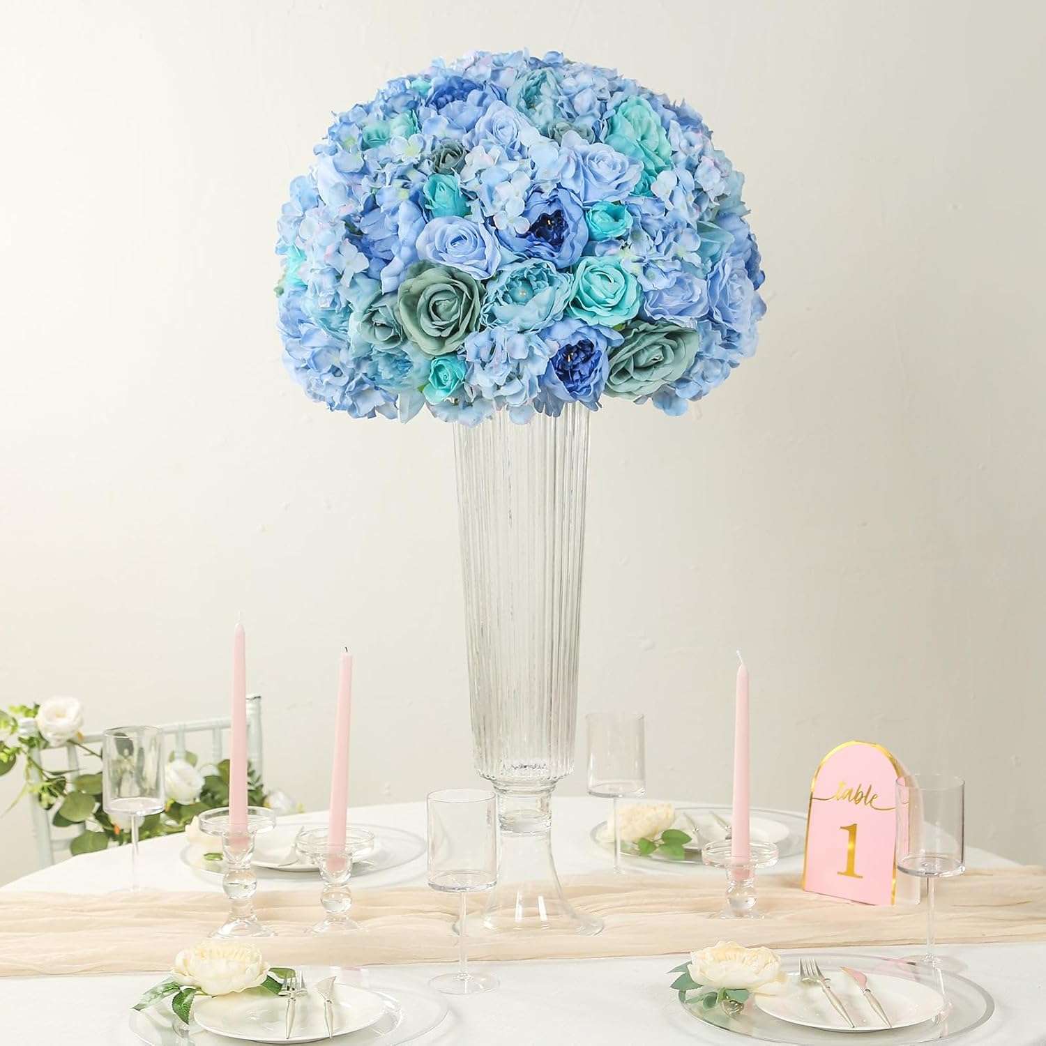 Efavormart 20 inch Blue Pre-Arranged Artificial Rose Flower Ball, Large High-Density Silk Rose Centerpiece Arrangement for Wedding Staging and Floor Vases