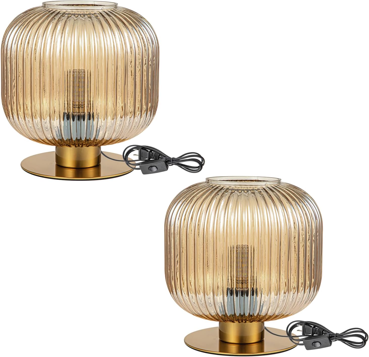 Mid Century Glass Table Lamps Set of 2, Vintage Table Lamp Gold Bedside Lamp Amber Globe Nightstand Lamp, Side Table Lamp Decorative Desk Lamp for Bedroom Living Room Office