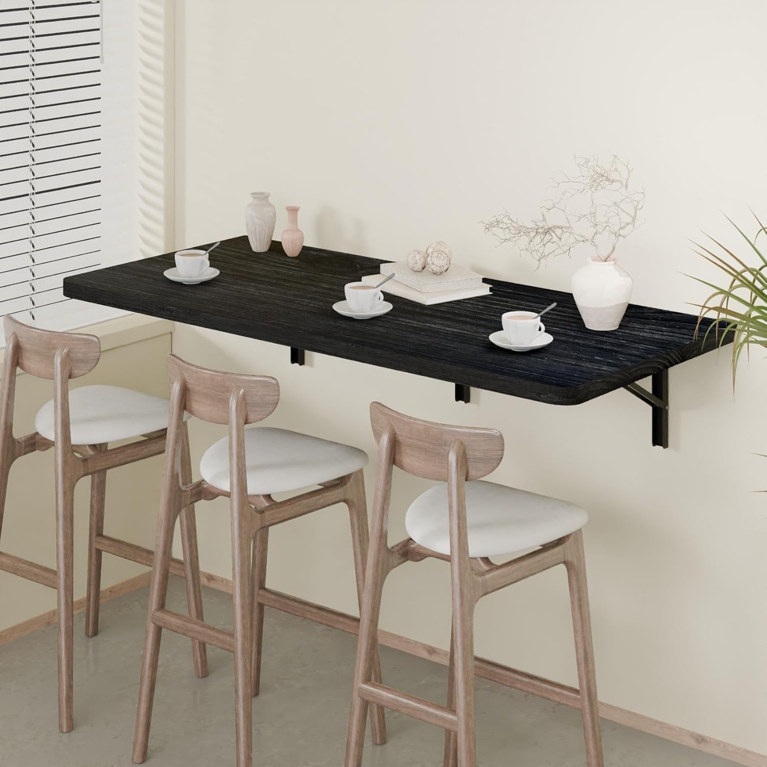 IAE Floating Wall Mounted Folding Table Desk with Pine Wood,48' x 22' Folding Workbench,Fold Down wall Mounted Foldable Desk with Shelf Brackets,Laundry Table for Home,Dining,Office,Kitchen,Black