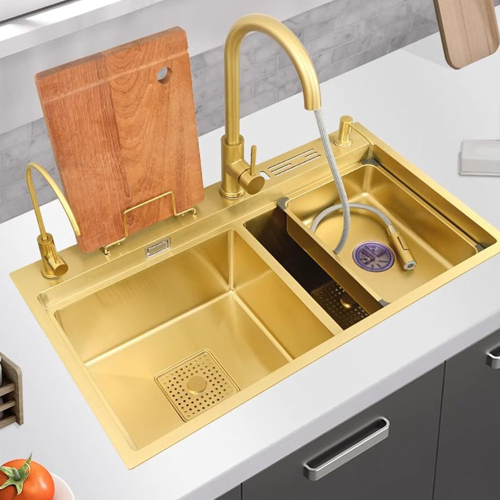 Golden Kitchen Sink Double Bowl Sink 304 Stainless Steel Sink Large Capacity Sink Gold Faucet Complete Accessories (78x46x24cm