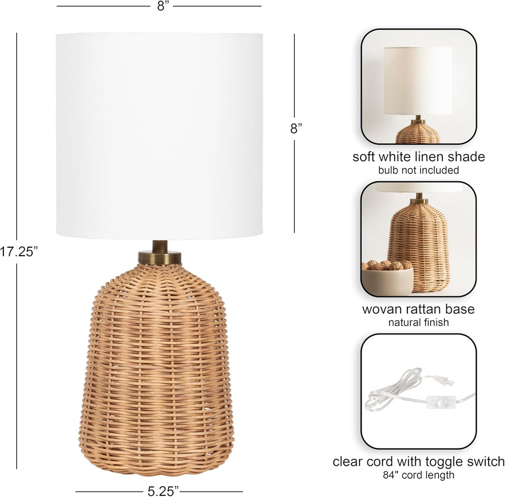 Kate and Laurel Wylla Modern Rattan Bedside Table Lamp, 8 x 8 x 18, Natural Rattan, Decorative Woven Tabletop Desk Lamp with Linen Shade for Living Room Decor