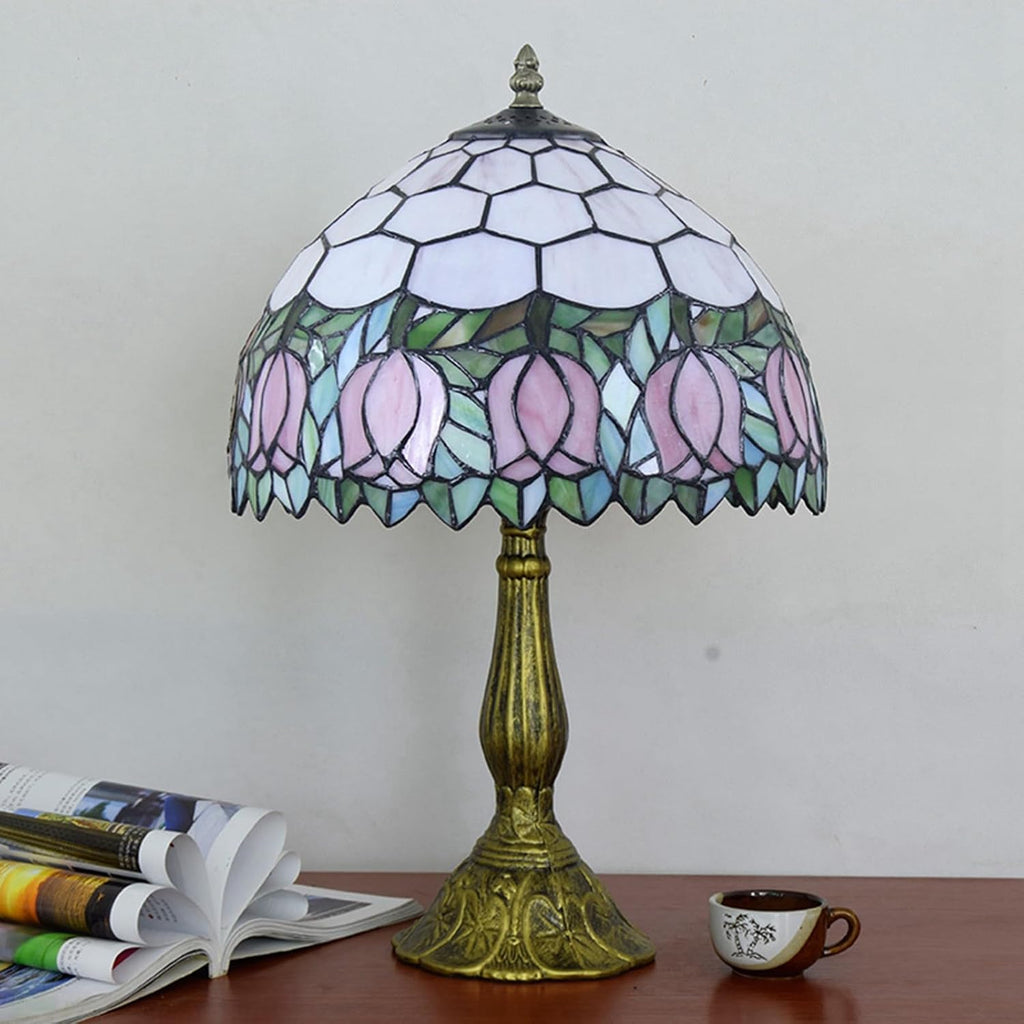 Tiffany Lamp Stained Glass Lamp Pink Tulip Bedroom Table lamp Reading Desk Light for Bedside Living Room Office Dormitory Dining Room Decorate Housewarming Gift 12X12X18 Include Light Bulb