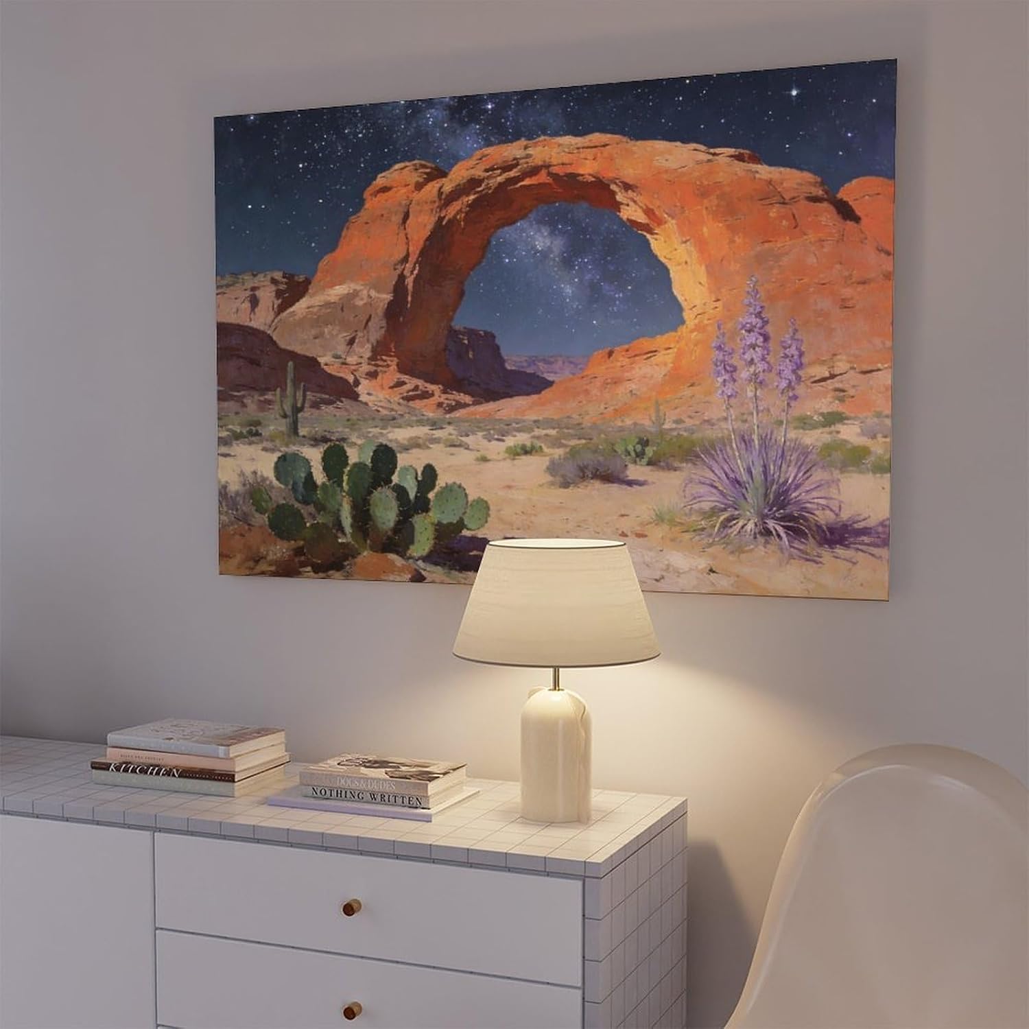 Frame Starry Night Desert Arch Wall Art Canvas Print, Milky Way Sky Over Red Rock Canyon Landscape Painting, Southwestern Cactus Decor 24x36inch(60x90cm)
