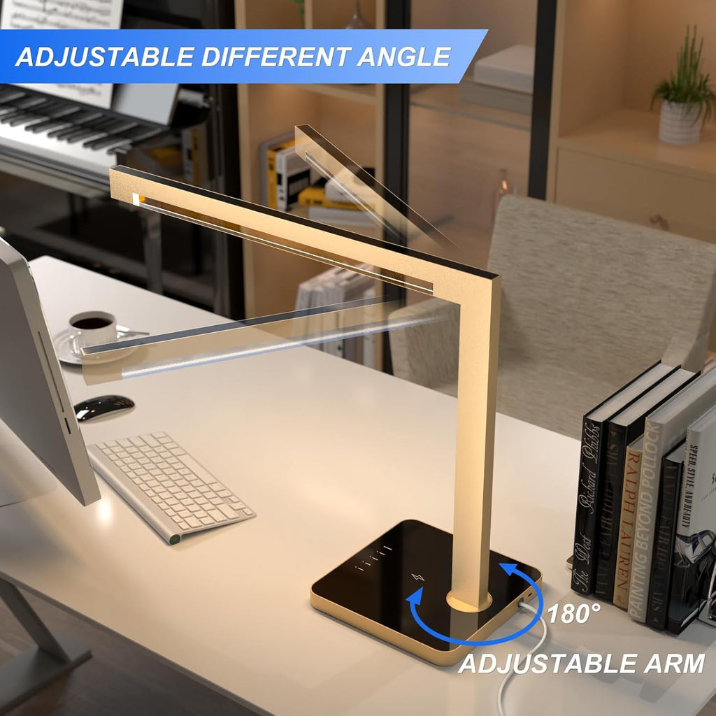 Aluminum LED Desk Lamp with Charging Station, Large 15W Table Lamp with Type-C Ports & 4 Color Temperature Modes(3000K-6000K), Dimmable Desk Light for Home Office,Bedroom (Includes Adapter)