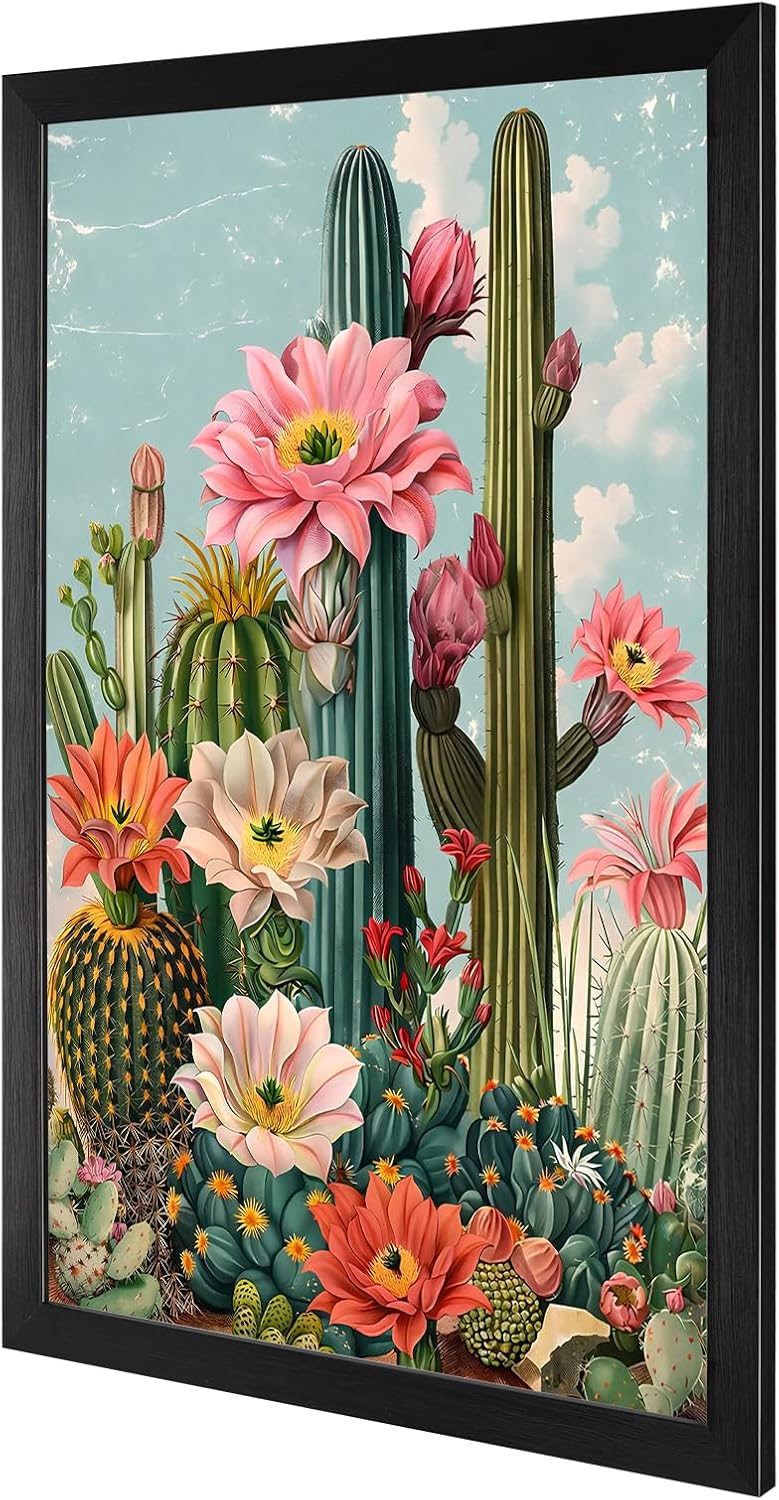Black Framed Flat Boho Cactus Garden Poster Retro Tropical Succulent Canvas Wall Art Vibrant Flowers Sky Background Prints Painting For Home Bedroom Dorm Wall Decor 24x36in Black Framed Flat