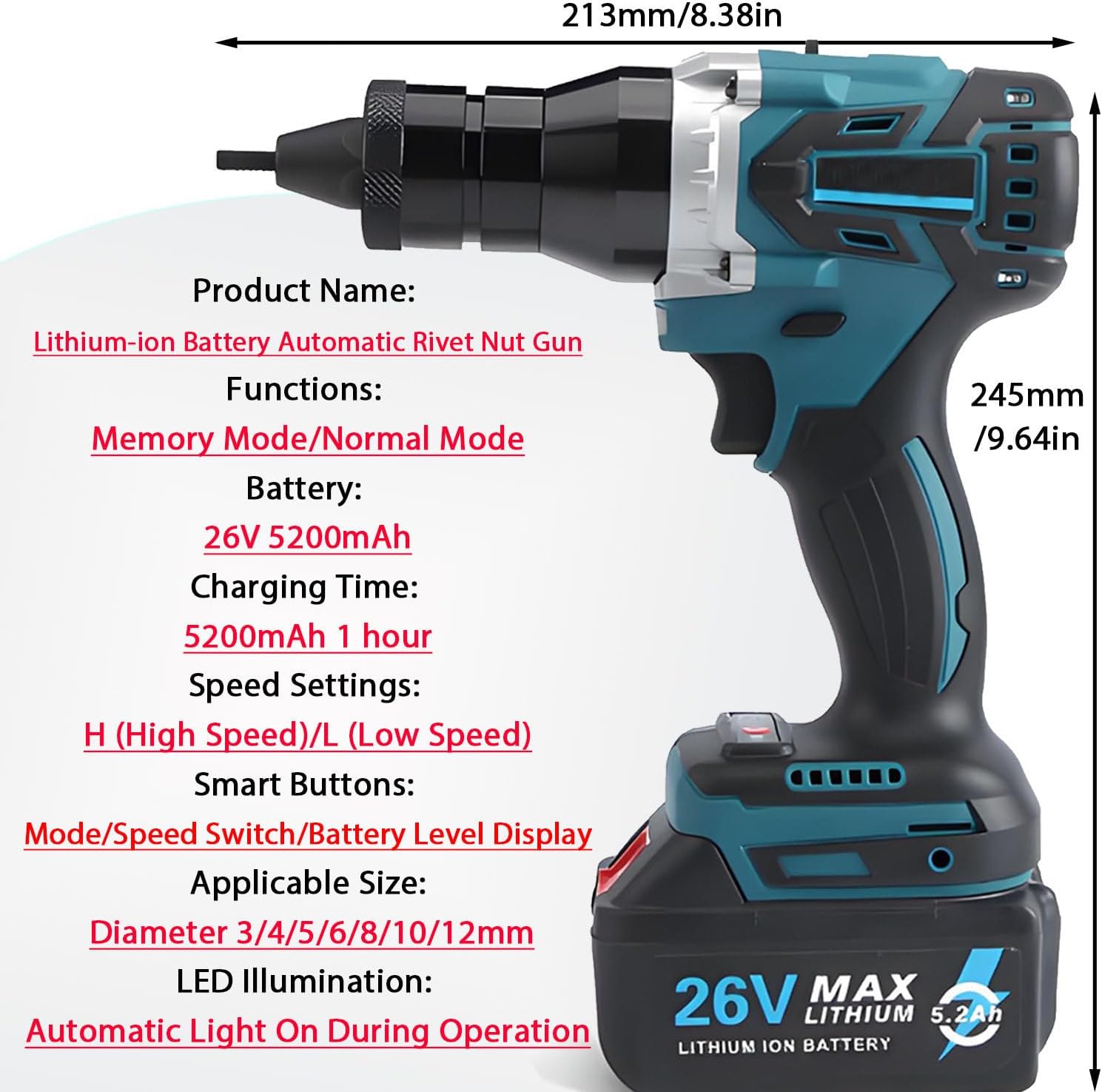 Battery Powered Pop Rivet Nut Gun - 26V Cordless Rivet Tool, Multiple Vents, Smart Display, 3s Auto Riveting for Mechanics, Metal Workers & Decoration Projects Completeset
