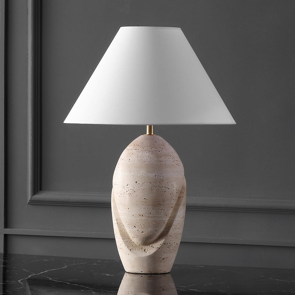 SAFAVIEH Couture Lighting Collection Janette Travertine/White 25-inch Table Lamp for Bedroom Living Room Home Office Desk Nightstand (LED Bulb Included)