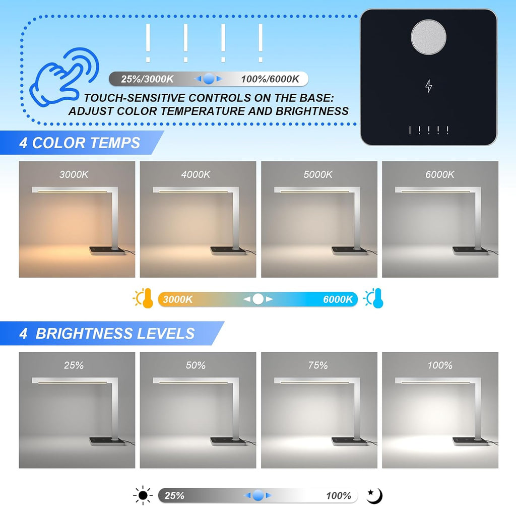2 Pack Aluminum LED Desk Lamp with Charging Station, 15W Smart Table Lamp with Type-C Ports & 4 Color Temperature Modes(3000K-6000K), Dimmable Reading Light for Home Office(Includes Adapter)