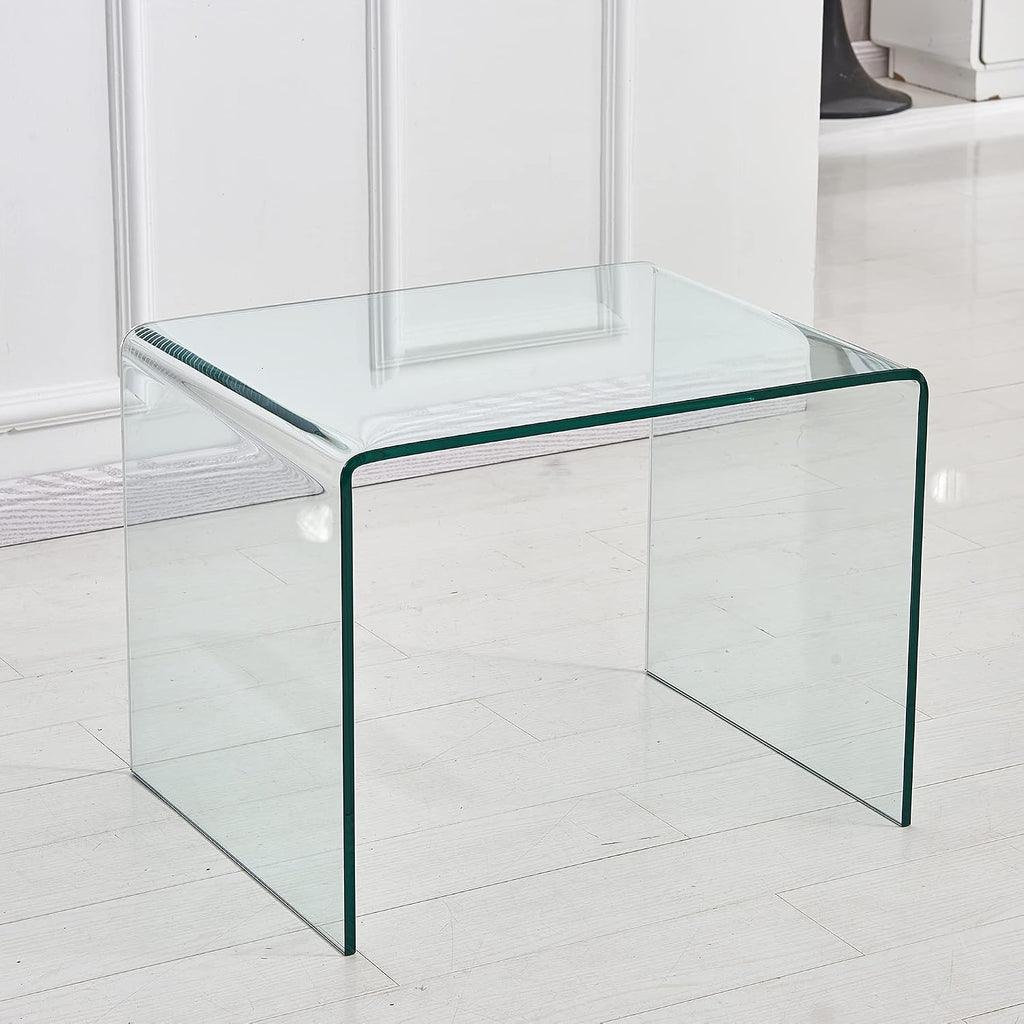 Clear Glass Nightstand, Tempered Glass End Tables, Modern Side Table for Living Room, Small Bent Table, Easy to Clean and Safe Rounded Edges 19.7'x19.7'x18.9'H