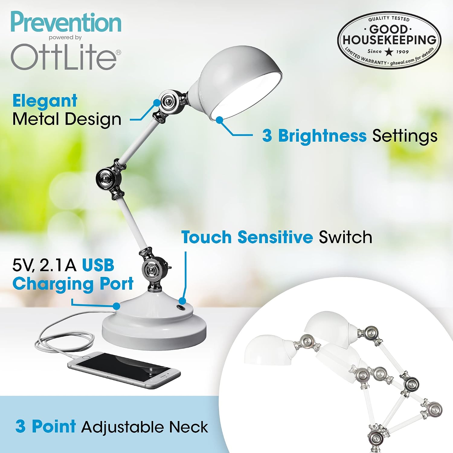 OttLite Prevention Pharmacy Adjustable LED Desk Lamp with USB Charging - Designed to Reduce Eyestrain, 3-Point Adjustable Neck, 3 Brightness Settings with Touch Controls
