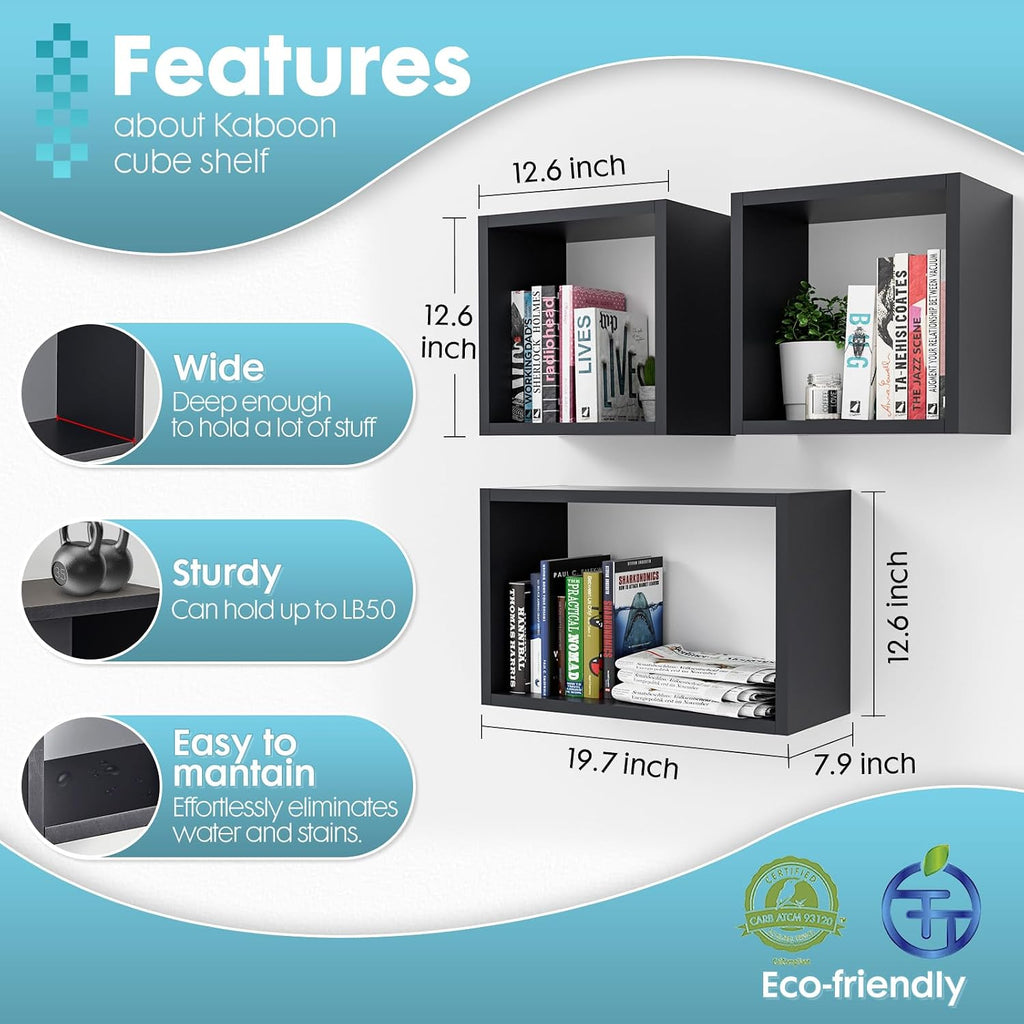 Kaboon Wall Mount Shelf Set of 3, Floating Cube Shelves for Space Discovery Home and Commercial Use, Large Size Shelves Set, Black