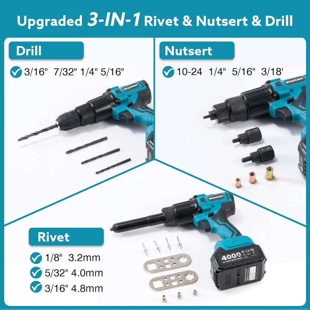3-in-1 Cordless Electric Rivet/Nut/Drill Gun Tool for Nutsert(10/24' & 1/4' & 5/16' & 3/8'),Rivets(1/8'', 5/32'', 3/16'),Drill(3/16', 7/32', 1/4', 5/16'), Portable Battery Powered Pop Rivet Nut Drill