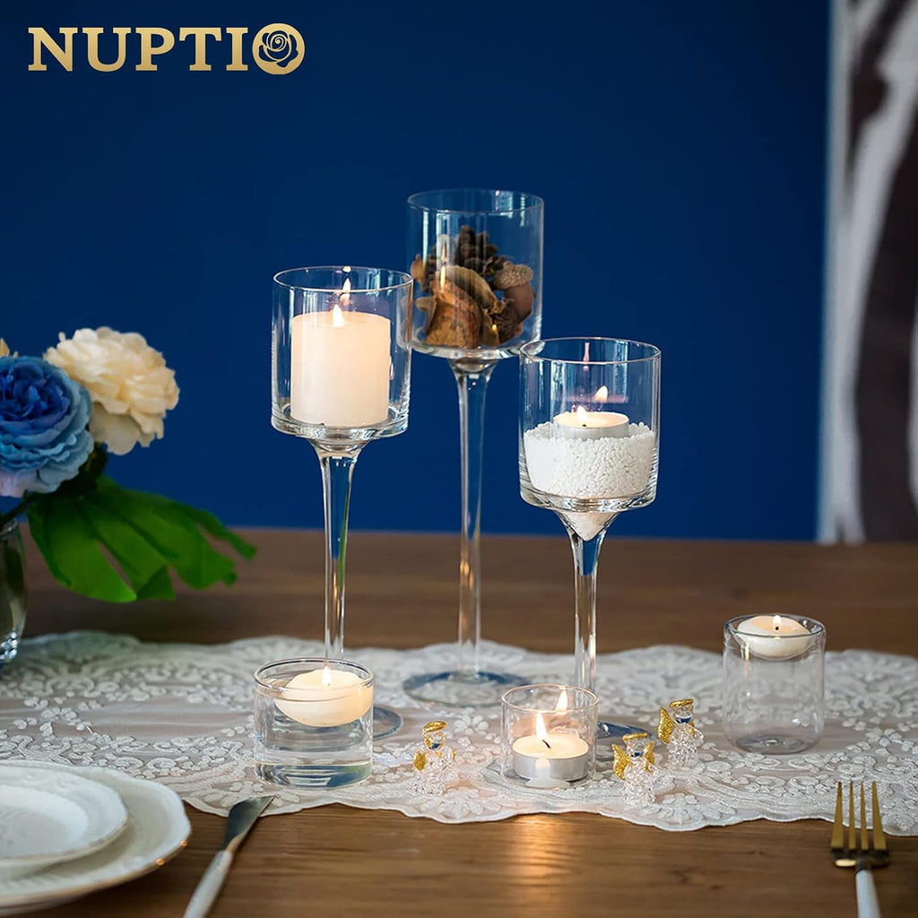 NUPTIO Stemmed Candle Holders Bulk: Set of 18 Tea Light Holders for Floating Pillar Candles - Clear Monet Candle Stands for Wedding Table Centerpiece Decor