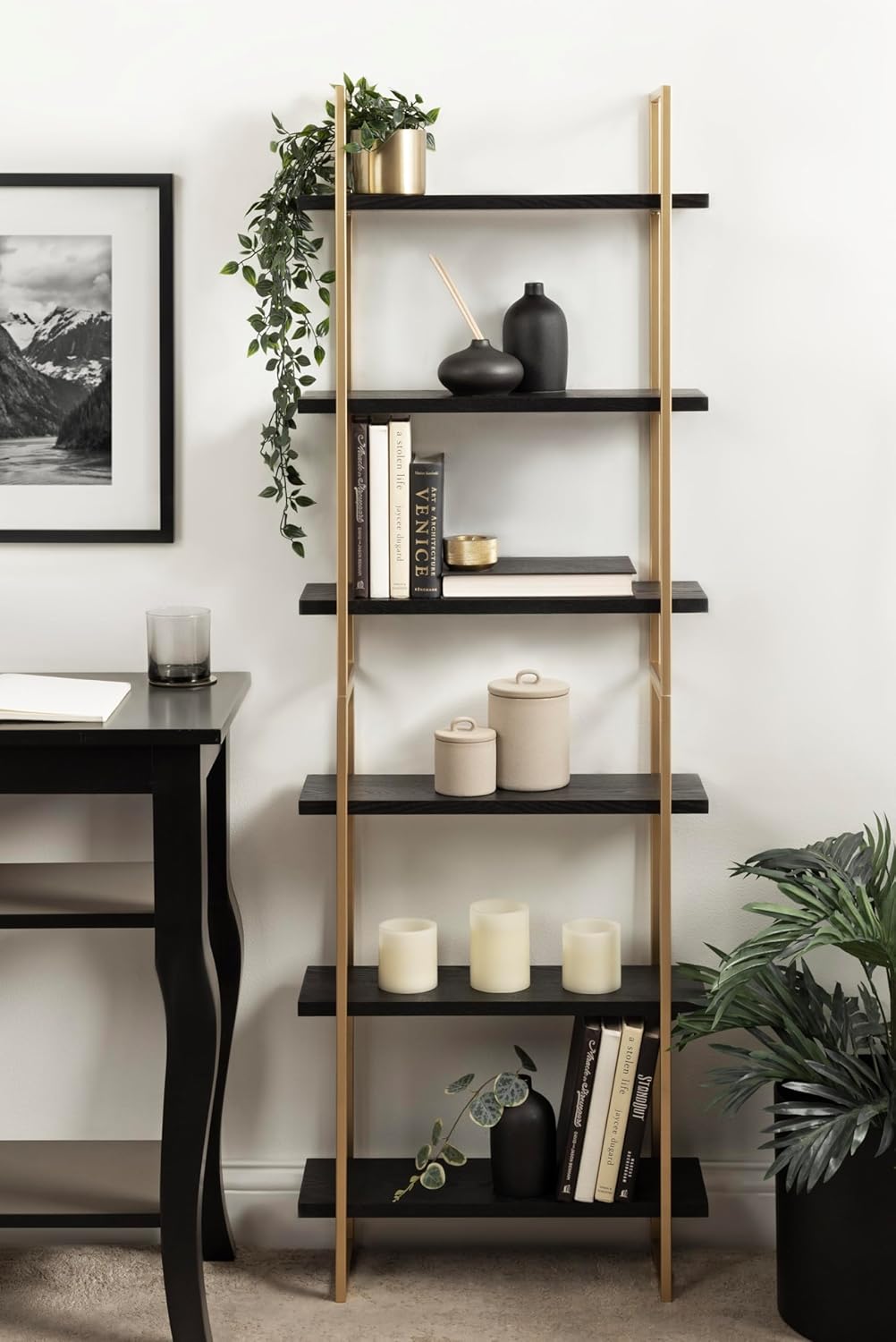 Kate and Laurel Leigh Modern 3 Tier Wall Shelf; 20 x 7 x 30; Black and Gold; Decorative Contemporary Glam Multi-Tiered Shelf Wall Organizer for Storage and Display