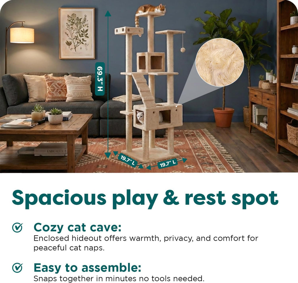 FurHaven 69.3' Tall Cat Scratching Post Tower for Indoor Cats, Sisal Cat Tree with 2 Condos, Tiger Tough Double Decker Playground, Toys & Perches for Cats, Sisal, Cream