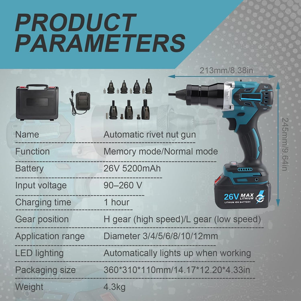 SHAHRYAR Battery Powered Pop Rivet Insert Installation Tool,Electric Riveter, 2 Speeds-5200mah,for M3 M4 M5 M6 M8 M10 M12 Nuts for Easy Assembly and Fastening