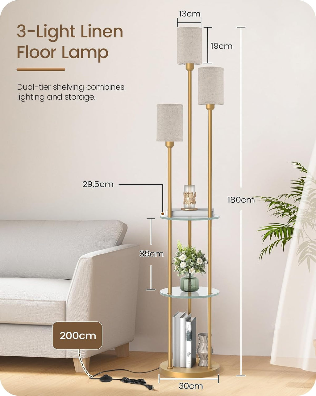 Floor Lamp with Shelves, Modern Floor Lamp with 3 Linen Shades and Foot Switch, 3-Light Standing Lamp, for Living Room, Bedroom, Study, Office, Gold and Beige ED53LD05