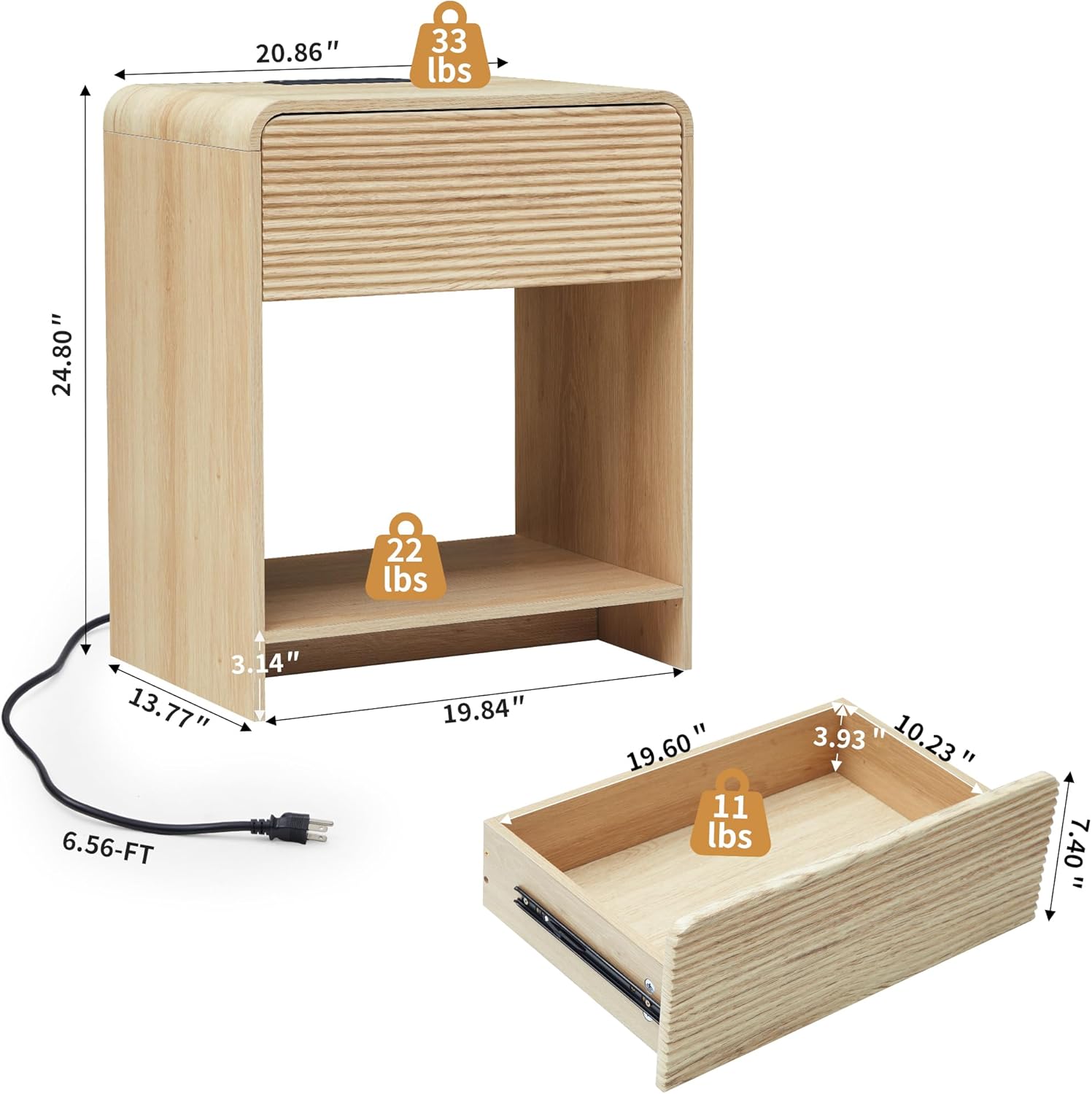 Set of 2 Fluted Side Table with Charging Station, Mid Century Modern End Table Nightstand with Drawer Storage, Large Wood Bedside Tables Night Stands for Small Space Bedroom Living Room Office,Natural