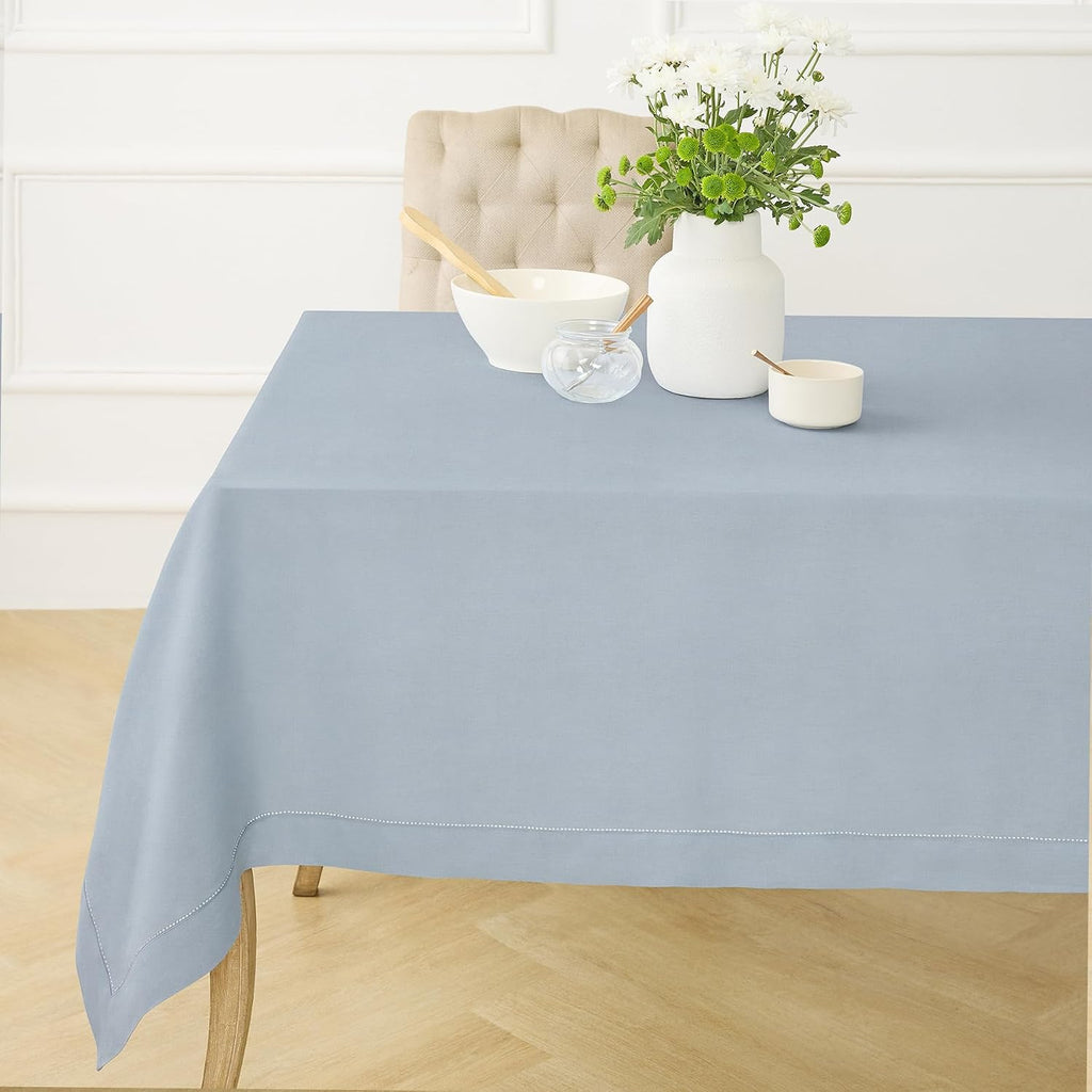 Solino Home Dusty Blue Linen Tablecloth 60 x 120 Inch - 100% Pure Linen Hemstitch Table Cloth for Rectangle Tables - Classic Hemstitch, Machine Washable Tablecloth for Summer