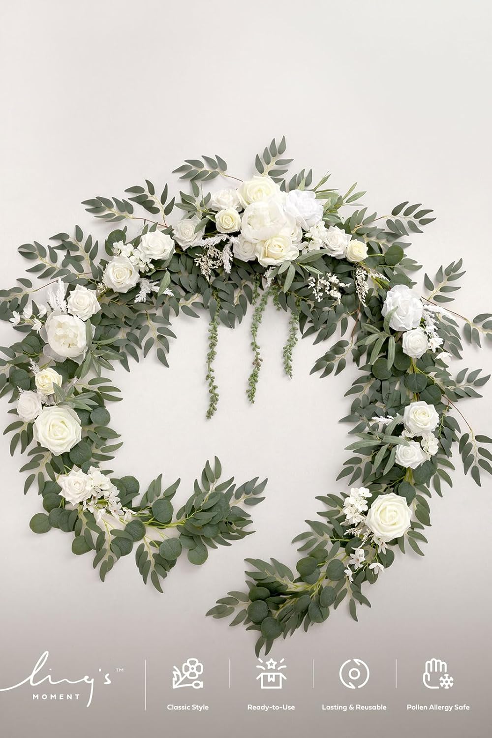 Ling's moment 9FT Spring Flower Garland for Backdrop Decorations - Wedding Arch Flowers, Eucalyptus & Rose, Artificial Floral Garland for Mantel - Sweetheart Table Decor for Reception, White & Sage
