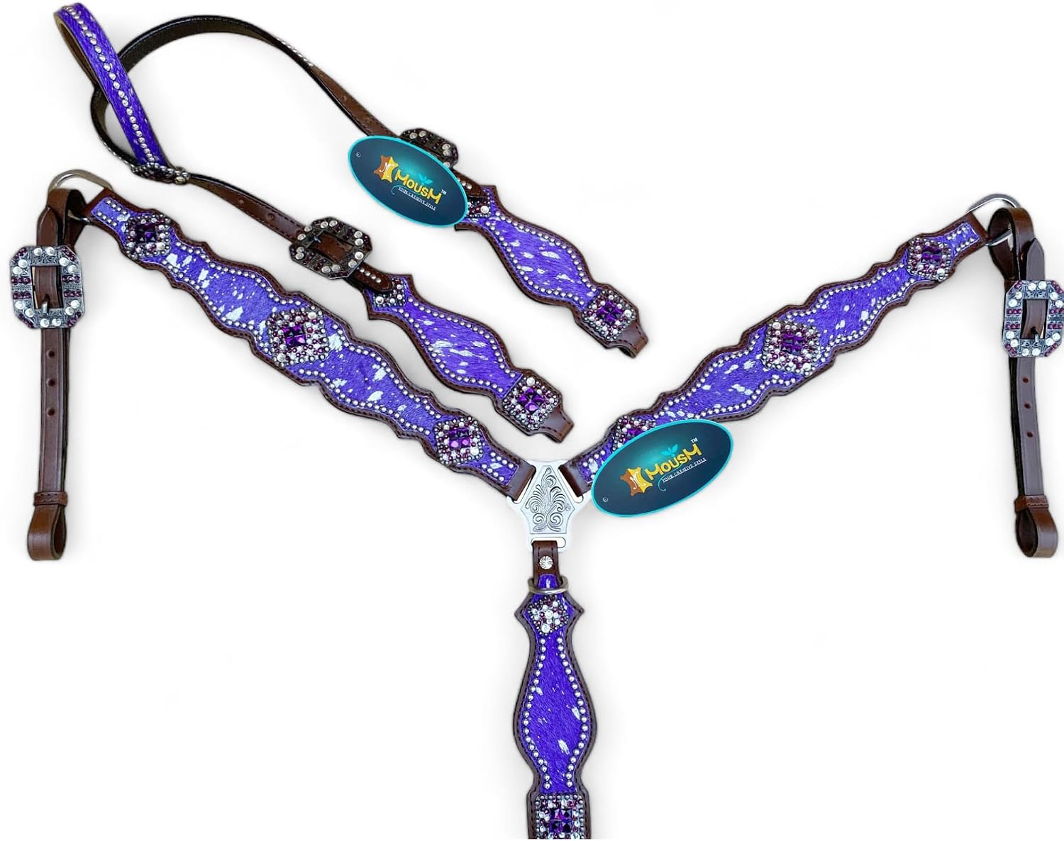 Western Leather Headstall & Breast Collar Set for Horses - Valentine's Day Silver Metallic Cowhide with Rhinestones
