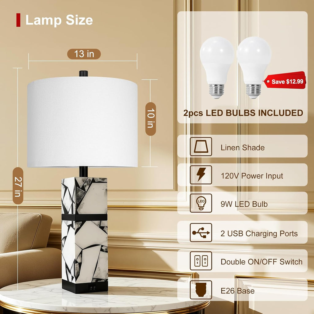 Scenekoy 27' Alabaster Table Lamps Set of 2 with Night Light for Living Room Bedroom, Nightstand Lamps with Linen Shade, Modern Bedroom Lamps with USB A+C Ports for Living Room Office (Bulb Included)