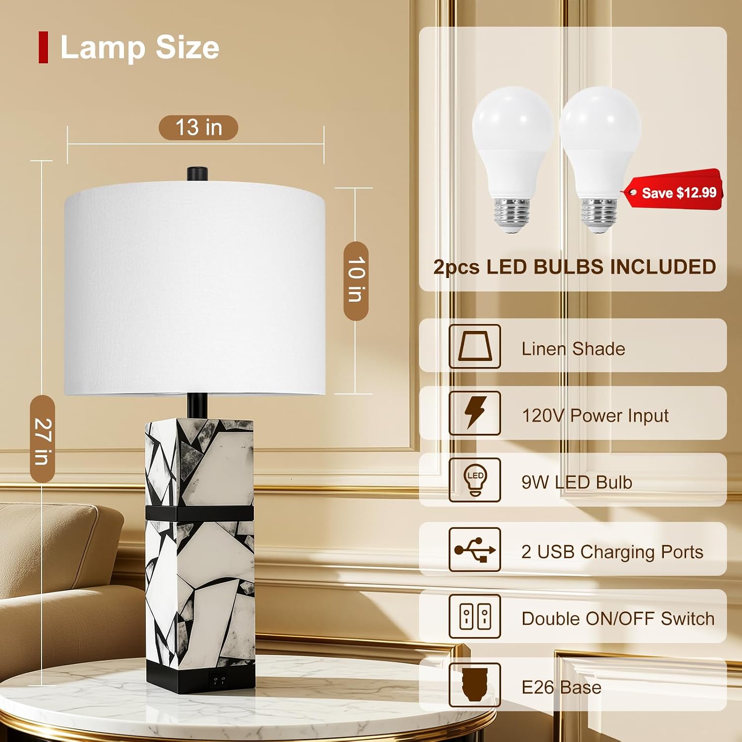 Scenekoy 27' Alabaster Table Lamps Set of 2 with Night Light for Living Room Bedroom, Nightstand Lamps with Linen Shade, Modern Bedroom Lamps with USB A+C Ports for Living Room Office (Bulb Included)