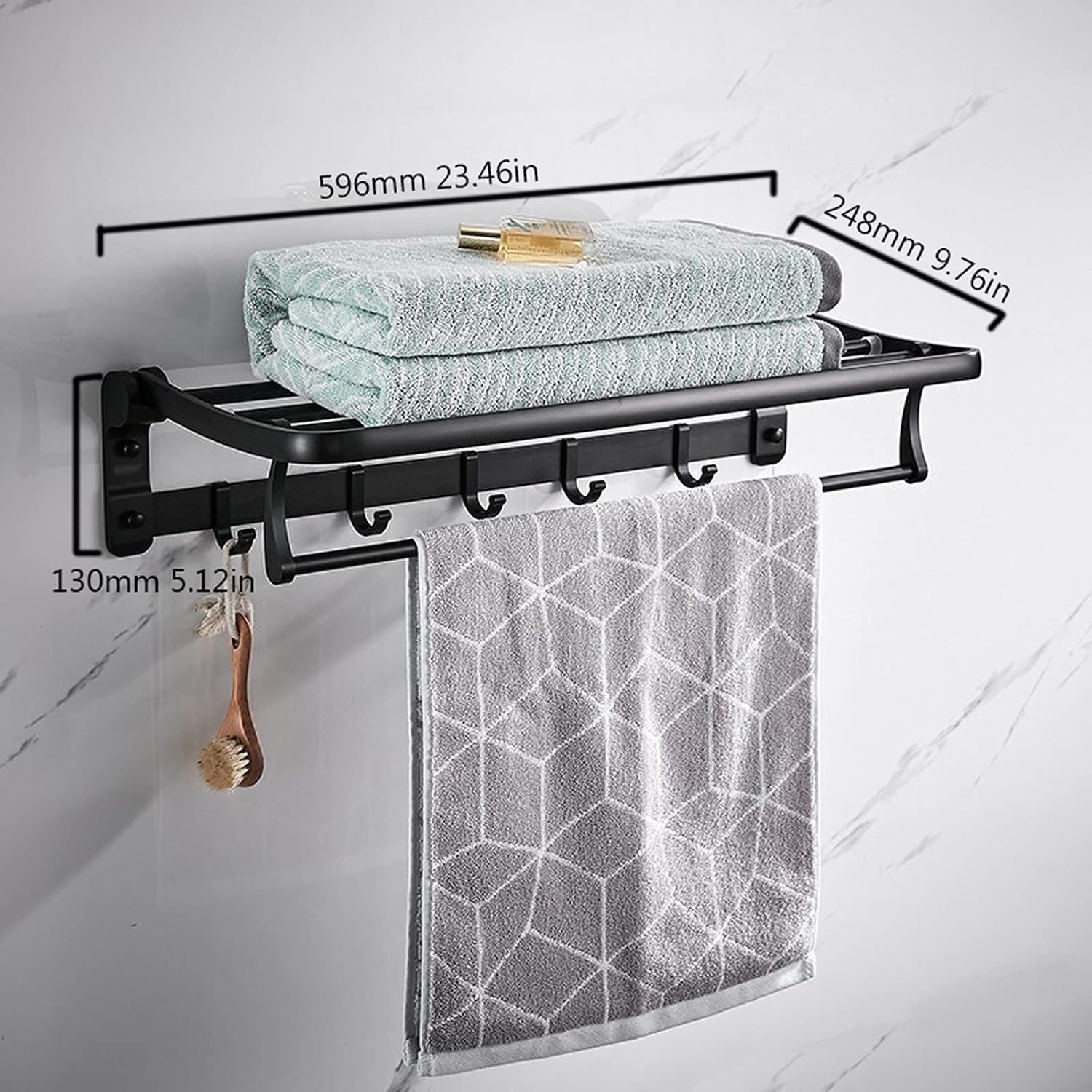 Bathroom Shelf Wall Floating Bathroom Bath Towel Rack 23 Inch Bathroom Shelves Foldable Wall Mounted Double Towel Holder with Towel Bar and 5 Hooks Floating Shelves Corner Shower Caddy