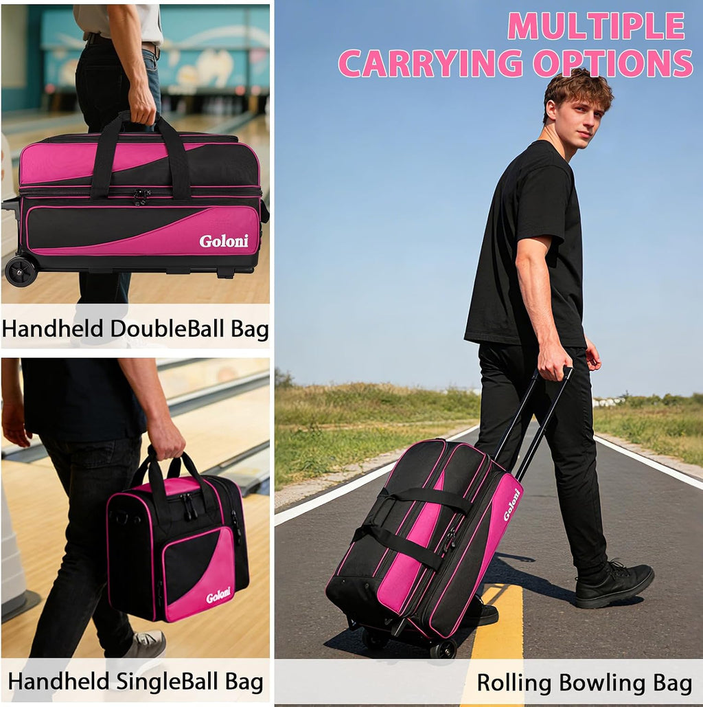 Goloni 3 Ball Bowling Bag with Wheels, Rolling Bowling Roller Bag with Retractable Handle for Balls & Bowling Accessories