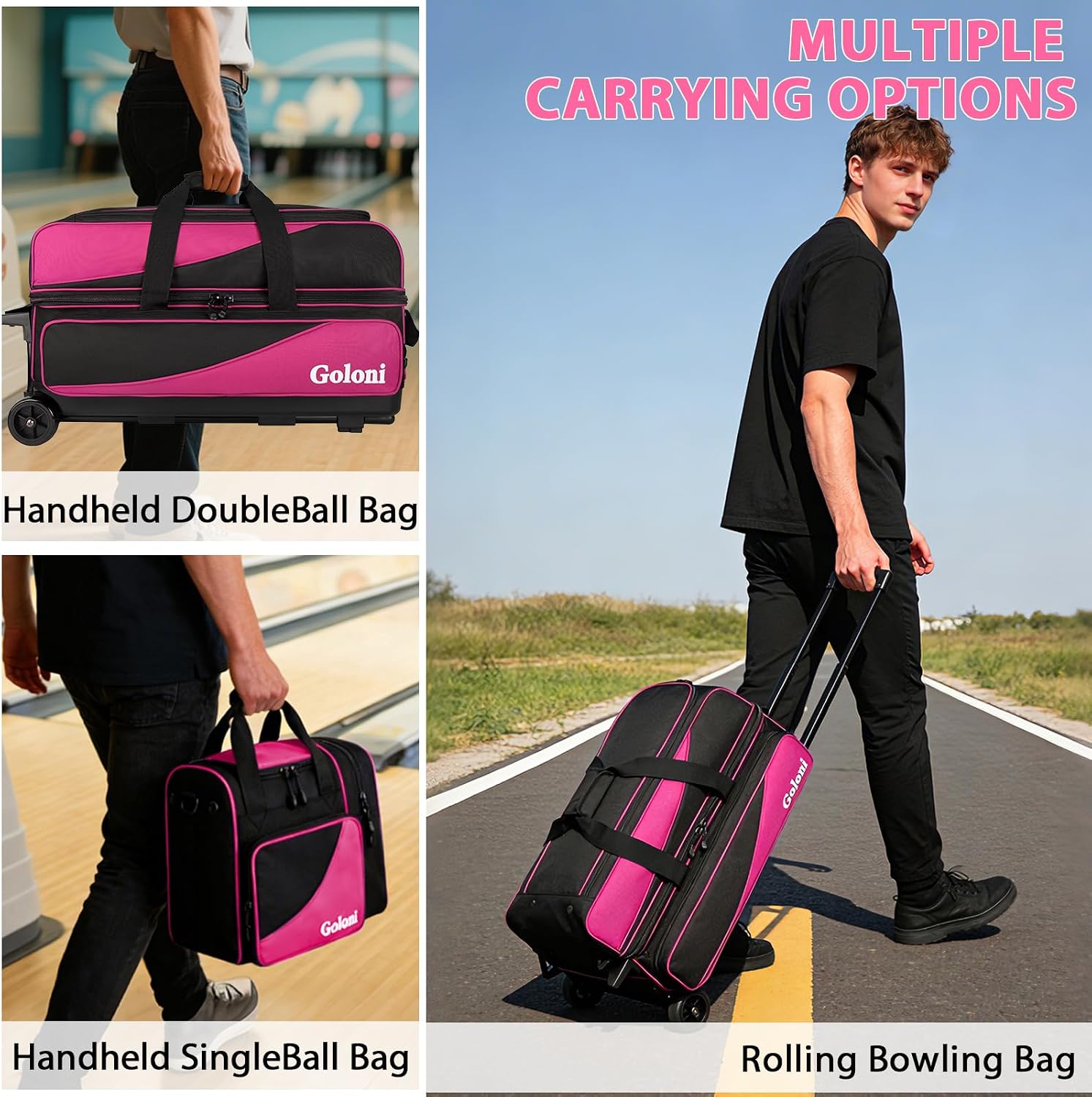 Goloni 3 Ball Bowling Bag with Wheels, Rolling Bowling Roller Bag with Retractable Handle for Balls & Bowling Accessories