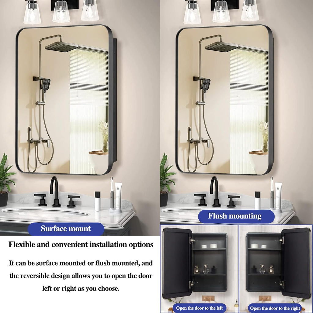 Bathroom Medicine Cabinet with 20'x26' Stainless Steel Framed Mirror,Recessed or Surface Mounted Bathroom Mirror Cabinet,Storage Cabinetfor Bathrooms, Guest Rooms, Apartments, Farmhouse Decor