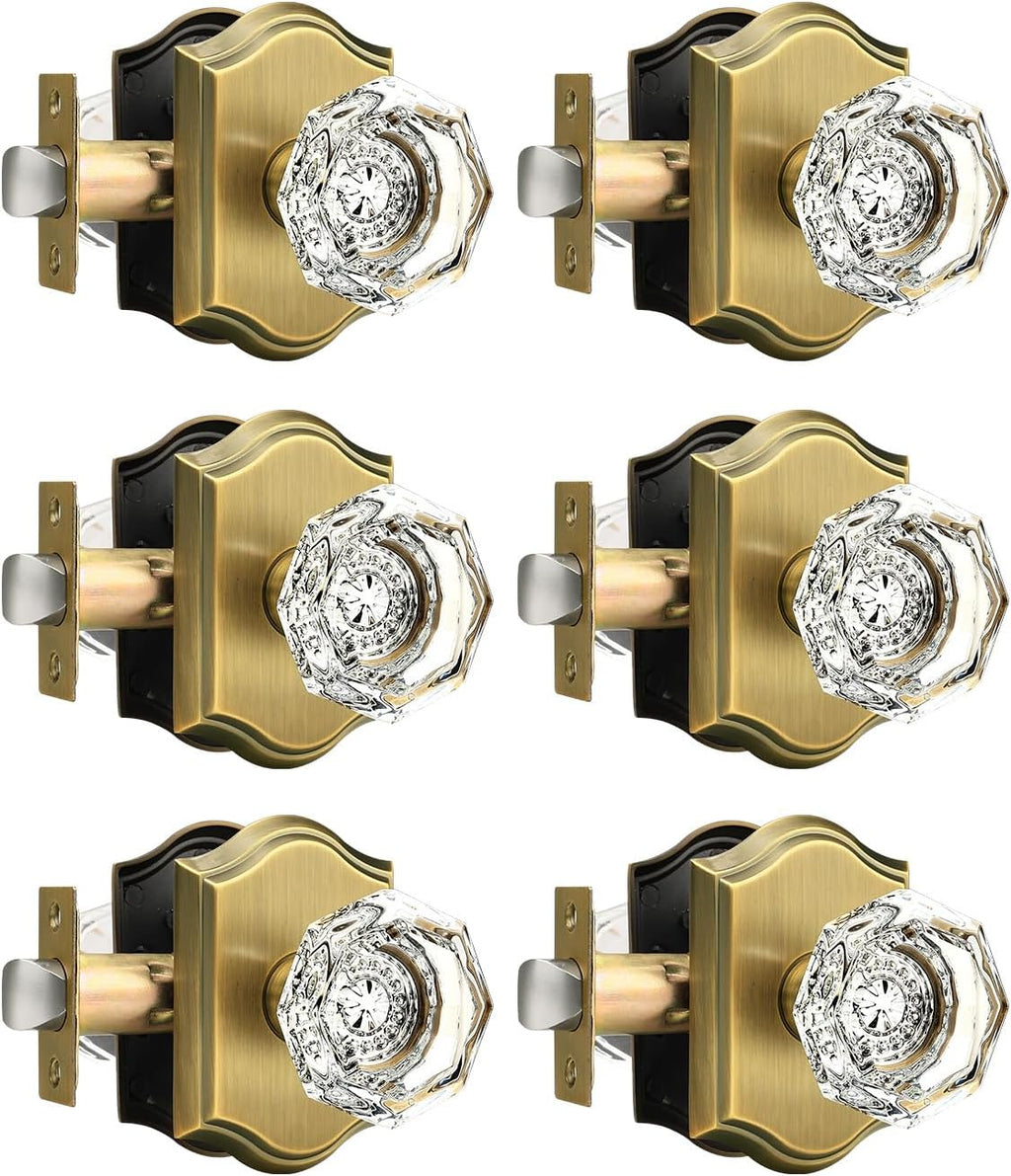 Gobrico Heavy Duty Crystal Glass Door Knobs 6 Pack,Passage Function for Interior Room,Keyless Snowflake Crystal Door Handles for Hall Closet Pantry,Antique Brass Finish
